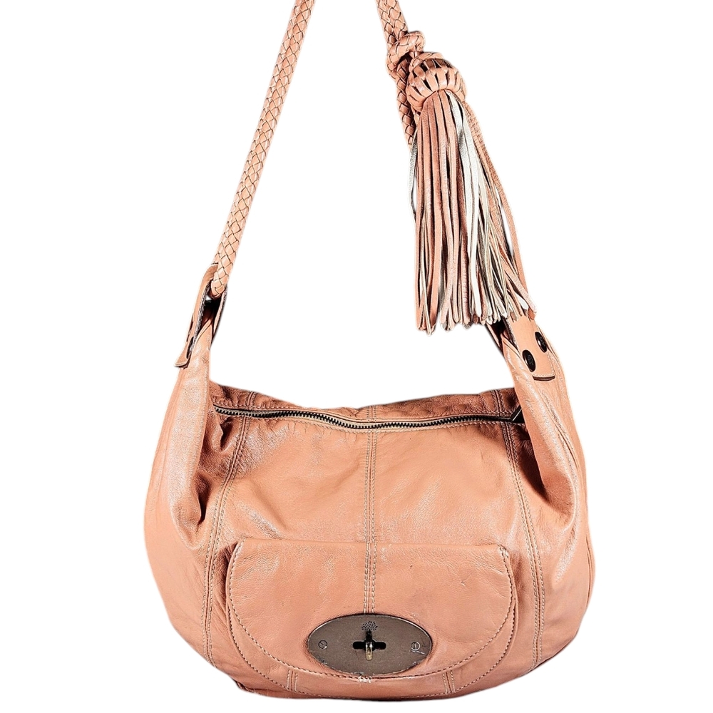 MULBERRY Hobo Shoulder Bag Araline Peach Orange Leather Front Pocket Tassels